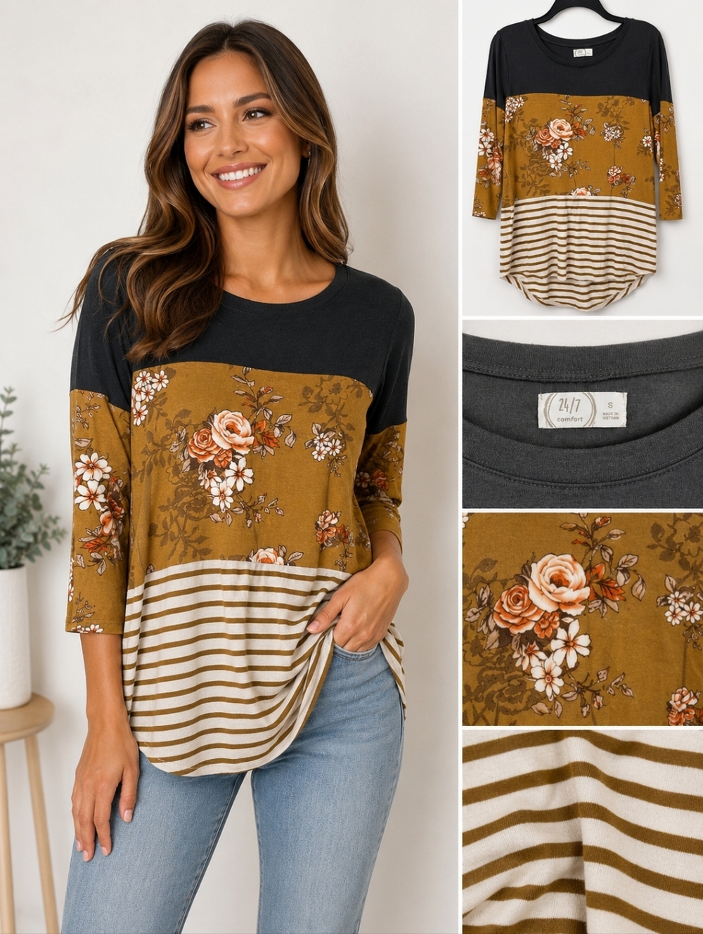 Maurices 24/7 Floral Stripe Top Women Small